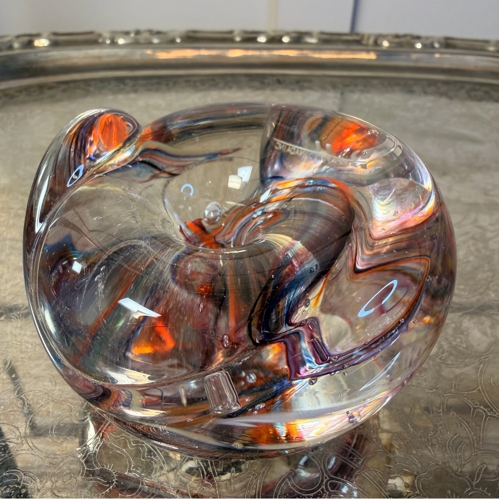 Studio Art Glass Paperweight Controlled Bubbles Blue Swirl Signed Vtg